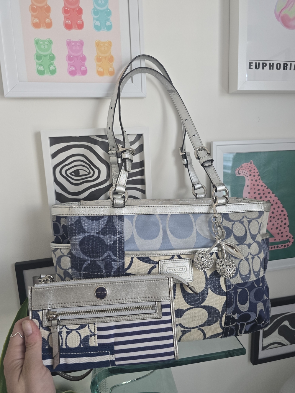 Authentic Coach Y2K Denim Patchwork Tote W/Matching Wallet + Cherry Charm